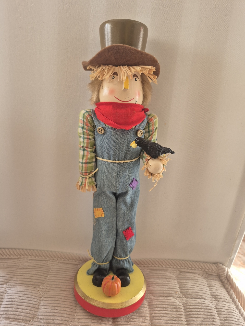 Handcrafted Red-Scarf Scarecrow Nutcracker with Blue Overalls